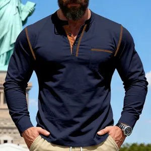 Men's long sleeve henley shirt casual stand collar polo contrast stitching slim top