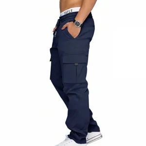Men's navy blue cargo pants with multiple pockets, casual Amekaji style twill long trousers.