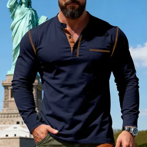 Men's long sleeve henley shirt casual slim fit contrast stitching stylish pullover top