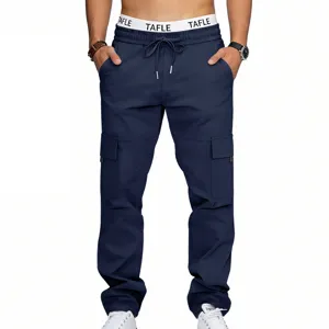 Detailed view of the navy blue men's cargo pants, featuring multi pockets and drawstring.