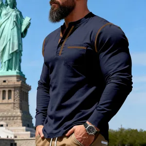 Mens long sleeve henley shirt retro color block casual outdoor top apparel detailed presentation view.