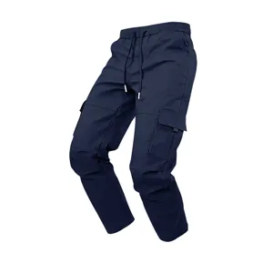 Navy cargo pants clothing detail, multi-pocket functional design, durable twill fabric style.