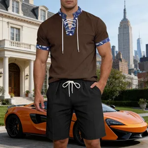 Men's stylish corduroy short sleeve lace up henley shirt and casual shorts summer set