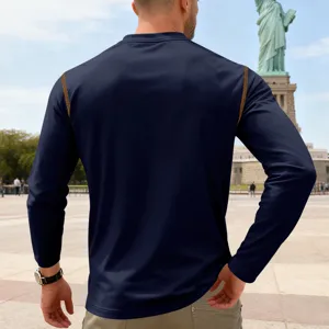 Men's dark blue long sleeve stand collar casual slim fit shirt top apparel.