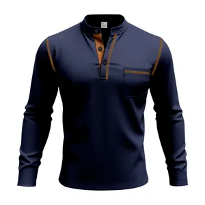 Men's long sleeve mandarin collar polo shirt with contrast stitching and chest pocket detail.