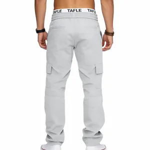 Men's casual grey cargo pants with multiple practical pockets and comfortable elastic waistband.