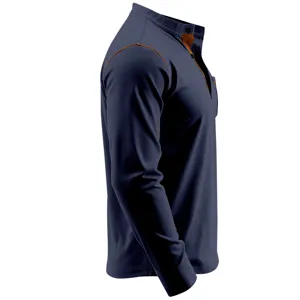 Men's long-sleeve Henley shirt, side view showing contrast stitching and retro design details.