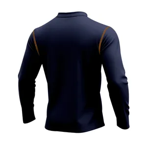 Navy blue long sleeve stand collar polo shirt featuring stylish contrast stitching details.