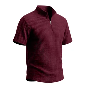 Bordeaux andriko polo me miso fermouar kai konto maniki kalokairino casual summer top
