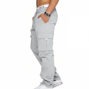 Mens Grey Cargo Pants Multi Pocket Casual Trousers Streetwear Amekaji Twill Pants