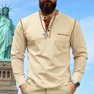 Men's long sleeve henley shirt casual slim fit cotton top with chest pocket and contrast buttons