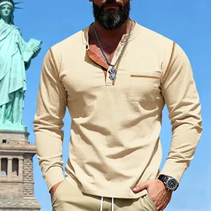 Men's long sleeve henley shirt casual slim fit pullover top with contrast stitching and pocket.