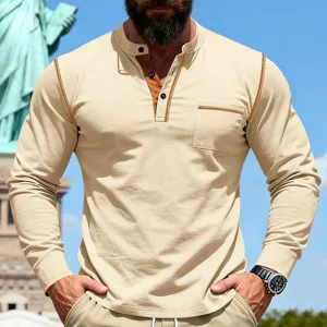 Men's vintage contrast stitching long sleeve henley shirt, loose casual outdoor top.