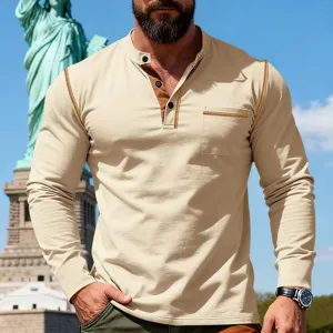 Men's casual long sleeve Henley t-shirt detail showing contrast color placket and chest pocket.