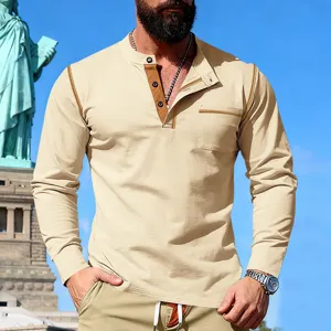 Men's casual long sleeve Henley shirt with contrast stitching, pocket, and button placket.