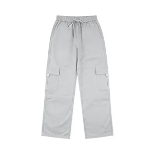 Light grey men's casual cargo pants with multi pockets, drawstring waist and relaxed fit.