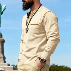 Detailed view of men's casual long sleeve henley shirt with pocket and contrast stitching.