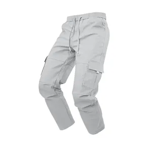 Detailed view of casual cargo pants multi pocket design twill fabric light gray color comfortable