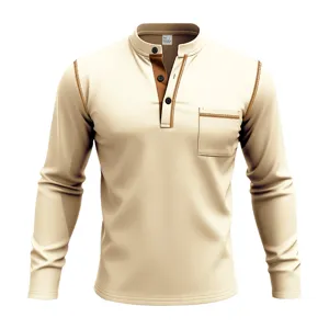 Men's long sleeve mock neck polo shirt with contrast placket, chest pocket and stitching.