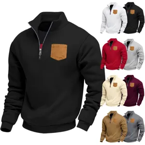 Men's quarter-zip fleece sweatshirt with chest pocket, casual autumn winter warm pullover.