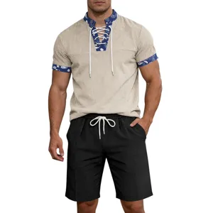 Mens summer short sleeve lace up henley shirt and black drawstring casual shorts set detail.