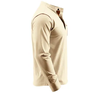 Men's long sleeve Henley t-shirt, vintage contrast trim, casual button placket, side detail.