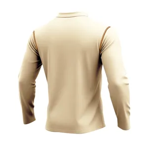 Back view of men's long sleeve stand collar shirt in beige with contrast shoulder stitching.