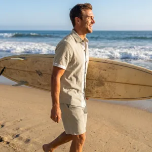 Casual linen short-sleeve shirt and shorts set detail, perfect for beach summer wear.