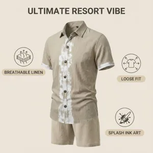 Men linen short sleeve shirt and shorts set detailed view showing breathable fabric.