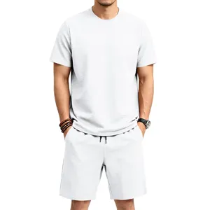 Textured short sleeve t-shirt and shorts set detail, casual breathable summer wear for men.