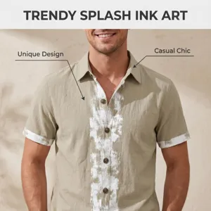 Men's casual short sleeve linen shirt detail showing unique splash ink print and lapel design.