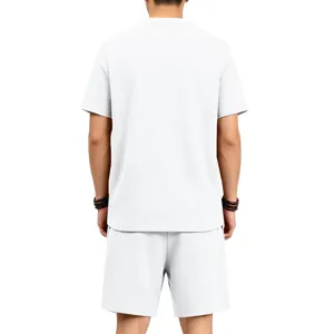 Men's summer textured short sleeve and shorts set detail in pure white stretch fabric view.