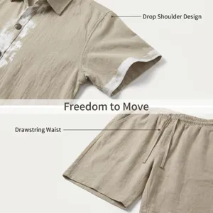 Men's summer casual linen short sleeve shirt and shorts set with breathable fabric and comfortable fit.
