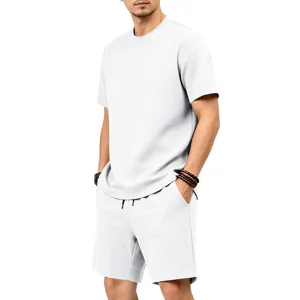 Men's Summer Casual Textured Short Sleeve T-Shirt and Shorts Outfit White Set