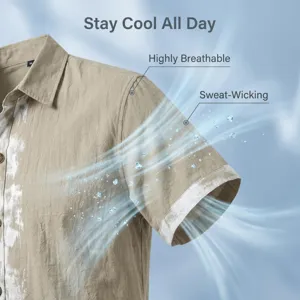 Men summer casual linen short sleeve shirt shoulder fabric detail, highly breathable texture.