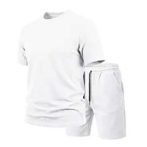 Men's summer textured short sleeve t-shirt and shorts set, casual white two piece outfit.