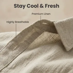 Detailed view of men's casual linen short sleeve shirt collar, breathable fabric texture.