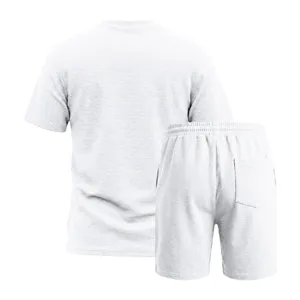 Detailed view of white textured short sleeve t-shirt and shorts set, casual summer wear.