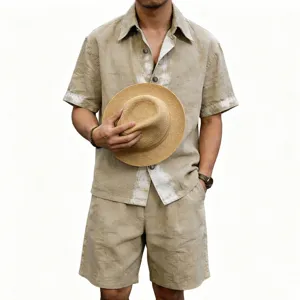 Men linen short sleeve shirt and shorts two piece set summer casual beach wear outfit