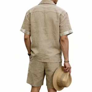 Men's summer casual linen short sleeve shirt and shorts two piece set in khaki color detail view