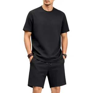 Textured black mens short sleeve t-shirt and shorts set detail view for summer casual wear.