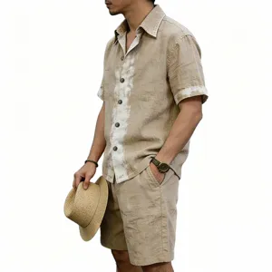 Detail view of men casual linen short sleeve shirt and shorts set in khaki breathable fabric