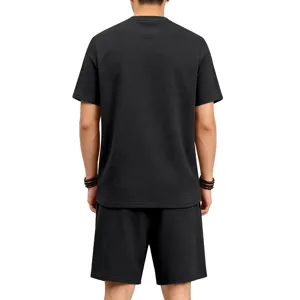 Men's summer casual textured short sleeve t-shirt and matching shorts set in black.