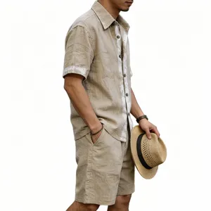 Men linen casual short sleeve shirt and shorts set summer two piece outfit beige.