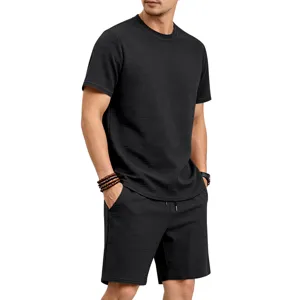 Men's summer textured short sleeve t-shirt and shorts casual two piece tracksuit set.