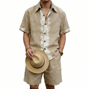 Linen fabric detail of casual short sleeve shirt and shorts set for men summer wear scene.