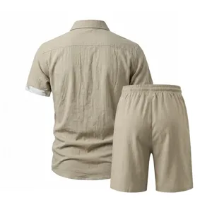 Back view detail of men casual summer linen short sleeve shirt and shorts set in khaki.