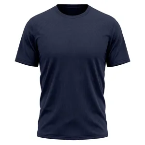 Close-up fabric detail showing the breathable mesh texture on the navy blue sports shirt.