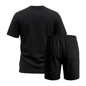 Men's summer casual black textured short sleeve t-shirt and shorts two piece set apparel.