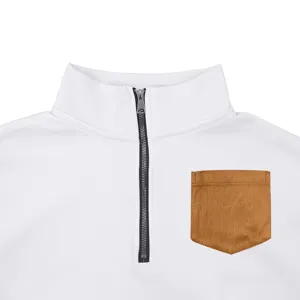 Detailed view of men's half-zip stand collar sweatshirt with contrast patch pocket.